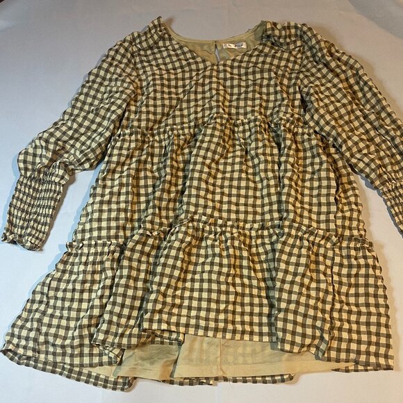 Perfectly Priscilla Mini Dress Womens Large Tan Checkered Tiered Long Sleeves - Picture 1 of 5